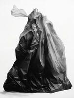 arafed black and white photograph of a bag of garbage. generative ai. photo