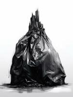 arafed black and white photograph of a trash bag with a castle on top. generative ai. photo
