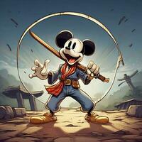 mickey mouse is holding a sword and a sword in his hand. generative ai. photo