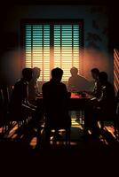 shadows of people sitting at a table in a dark room. generative ai. photo