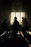shadows of people sitting at a table in a dark room. generative ai. photo