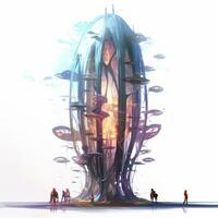 there are people walking around a futuristic building with a giant tree. generative ai. photo