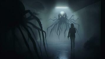there is a man standing in a dark room with a giant spider. generative ai. photo
