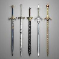 Tres diferente tipos de espadas son mostrado en un gris antecedentes. generativo ai. foto