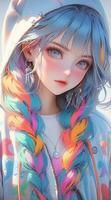 anime girl with colorful hair and hoodie posing for a picture. generative ai. photo