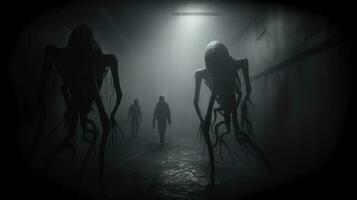 arafed image of a group of people walking through a dark hallway. generative ai. photo
