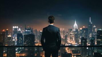 arafed view of a man in a suit looking at a city at night. generative ai. photo