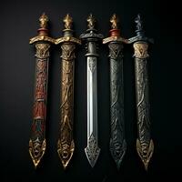 cuatro diferente de colores espadas con oro y plata decoraciones en a ellos. generativo ai. foto