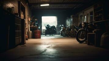motos son estacionado en un garaje con un lote de almacenamiento. generativo ai. foto