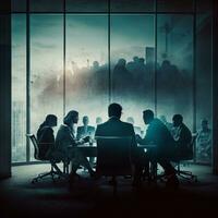 personas sentado alrededor un mesa en un oscuro habitación con un ver de un ciudad. generativo ai. foto
