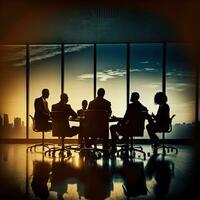 silueta de negocio personas sentado a un mesa en un conferencia habitación. generativo ai. foto