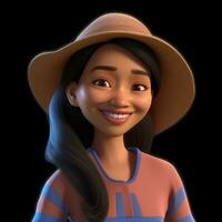 un cerca arriba de un dibujos animados niña vistiendo un sombrero y un a rayas camisa. generativo ai. foto