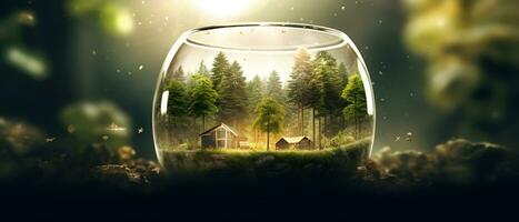allí es un vaso con un casa dentro de eso en el bosque. generativo ai. foto
