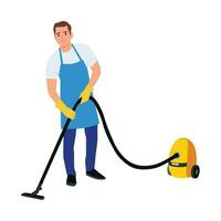 Cleaning service man with vacuum cleaner. Male janitor. vector