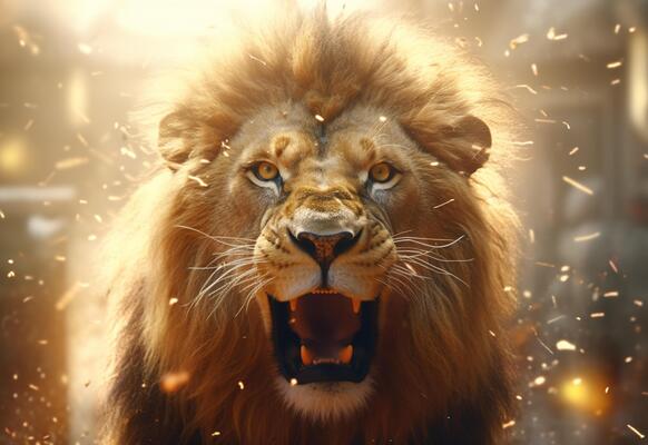 Premium AI Image  A lion roars with his mouth open.