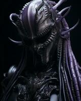 a close up of a statue of a predator with a purple helmet. generative ai. photo