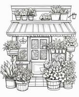 un dibujo de un flor tienda con en conserva plantas y en conserva plantas. generativo ai. foto