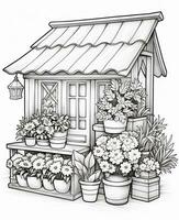 un dibujo de un pequeño casa con en conserva plantas y un porche. generativo ai. foto