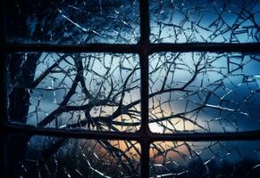 a view of a tree through a broken window with a sunset in the background. generative ai. photo