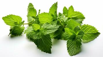 arafed bunch of fresh mint leaves on a white surface. generative ai. photo