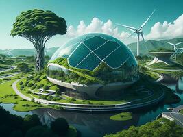 A utopian future where renewable energy sources power a sustainable world with lush green landscapes photo