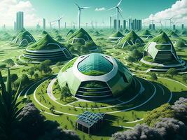 A utopian future where renewable energy sources power a sustainable world with lush green landscapes photo