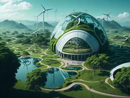 A utopian future where renewable energy sources power a sustainable world with lush green landscapes photo