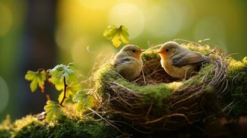 there are two birds sitting in a nest on a mossy branch. generative ai. photo