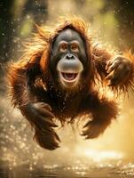 there is a very cute oranguel monkey jumping in the water. generative ai. photo