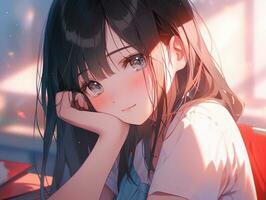 anime girl with long black hair sitting at a table with a laptop. generative ai. photo