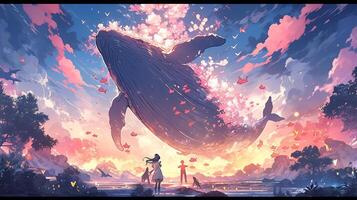 anime girl looking at a whale in the ocean with birds flying around.  generative ai. 28462229 Stock Photo at Vecteezy