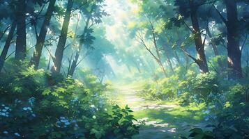 anime scenery of a forest with a path and trees. generative ai