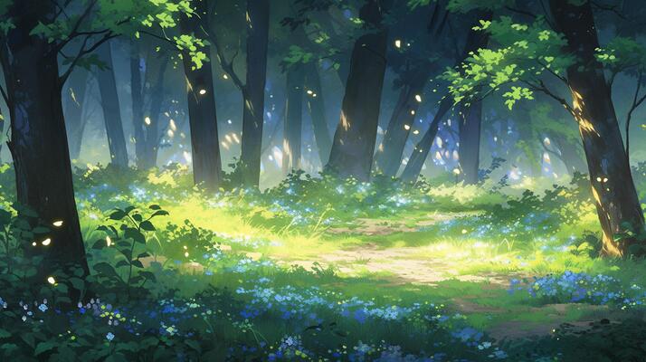 anime scenery of a forest with a path and trees. generative ai