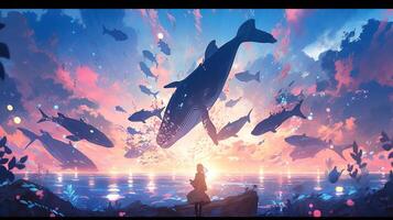 anime girl looking at a whale in the ocean with birds flying around.  generative ai. 28462229 Stock Photo at Vecteezy