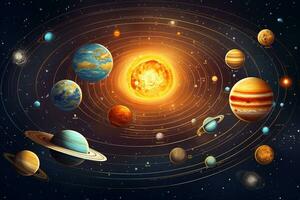 ilustración de un solar sistema con planetas y Dom en el cielo. generativo ai. foto