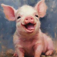 pintura de un cerdo con un contento cara sentado en un mesa. generativo ai. foto