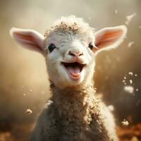 there is a sheep that is smiling and standing in the dirt. generative ai. photo