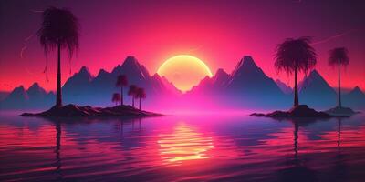 un brillantemente de colores puesta de sol terminado un tropical isla con palma arboles generativo ai. foto