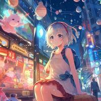 anime girl sitting on suitcase in the middle of a busy city street. generative ai. photo