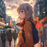 anime girl with backpack walking down a busy city street. generative ai. photo