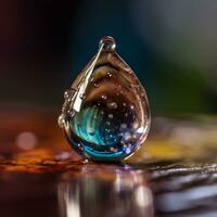 a close up of a water drop sitting on a table. generative ai. photo