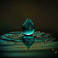 a close up of a water drop with a reflection on the water. generative ai. photo