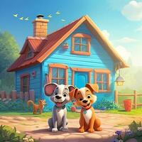 a cartoon dog and puppy are standing in front of a house. generative ai. photo