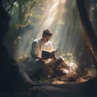 arafa hombre leyendo un libro en el bosque con luz de sol transmisión a través de. generativo ai. foto