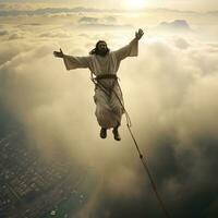 arafa hombre en blanco túnica volador mediante el aire con brazos extendido. generativo ai. foto
