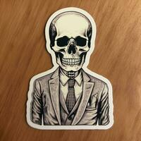 arafed sticker of a skeleton dressed in a suit and tie. generative ai. photo