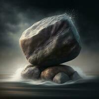 there is a large rock that is sitting on top of some rocks. generative ai. photo
