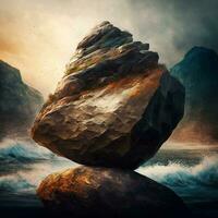there is a large rock that is sitting on top of a rock. generative ai. photo