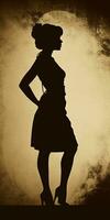 silhouette of a woman in a dress and hat standing in front of a wall. generative ai. photo