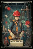 there is a poster of a man in a hard hat and overalls. generative ai. photo